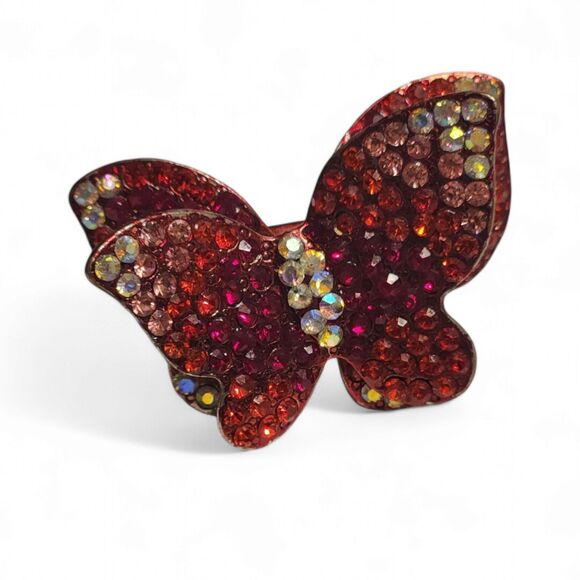 Vintage Butterfly Statement Ring, Red-Orange Rhinestone, Silver Adjustable Band - Picture 1 of 8